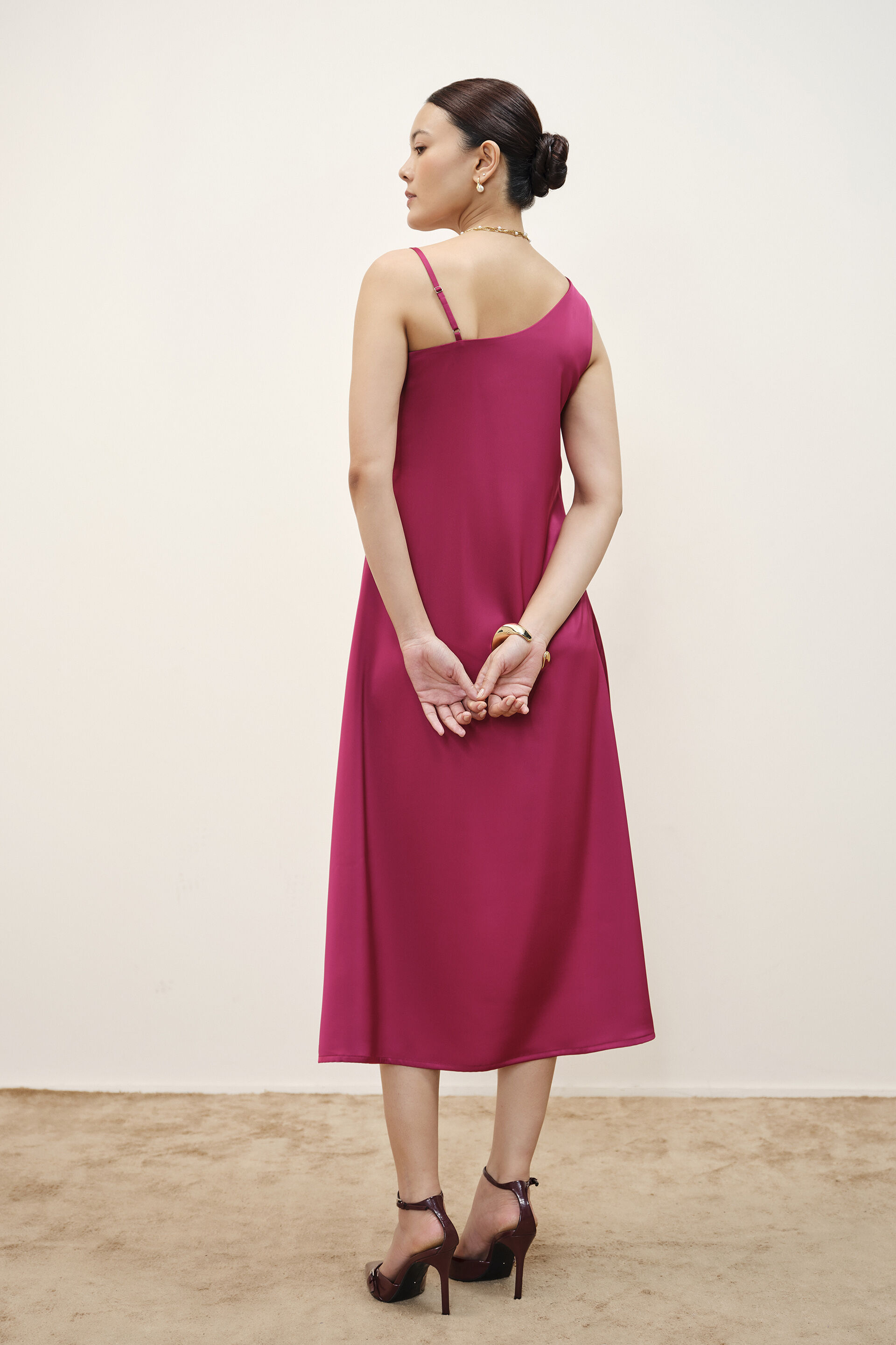 Wine One-Shoulder Satin Dress, Wine, image 6